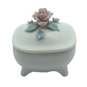 Vintage White Miniature Footed Porcelain Ring Trinket Box with Rose and Leaves